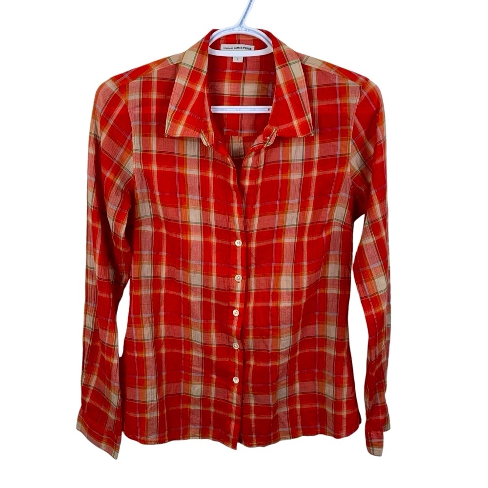 Standard James Perse Women's 1/Small Red Plaid Shirt Lightweight Gauzy Crinkly